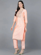 Women Peach Poly Silk Embroidered Kurta Trousers With Dupatta